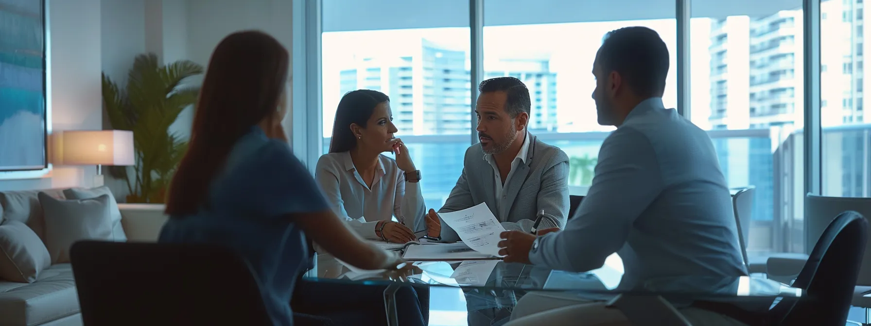 a couple discussing mortgage options with a loan officer in a miami real estate office.