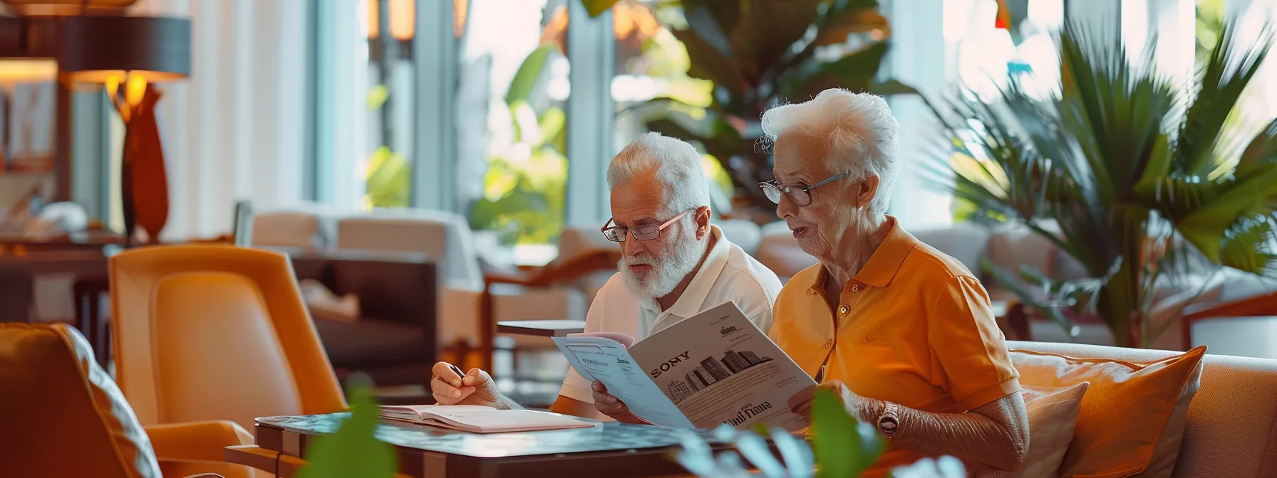 a senior couple examining property listings in a miami real estate office.