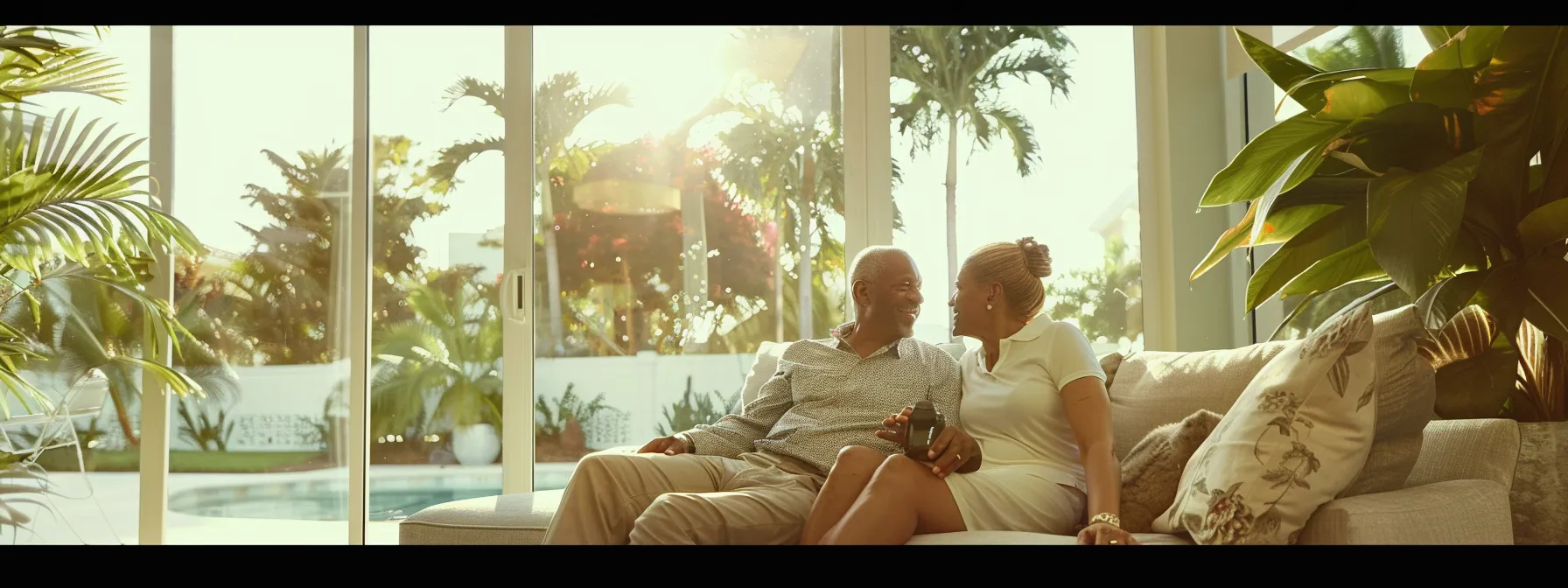 a senior couple discussing reverse mortgage terms while looking at their luxury miami home.