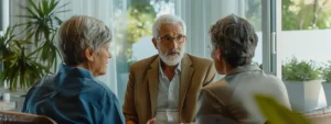 a senior couple meeting with a financial advisor at a miami office.