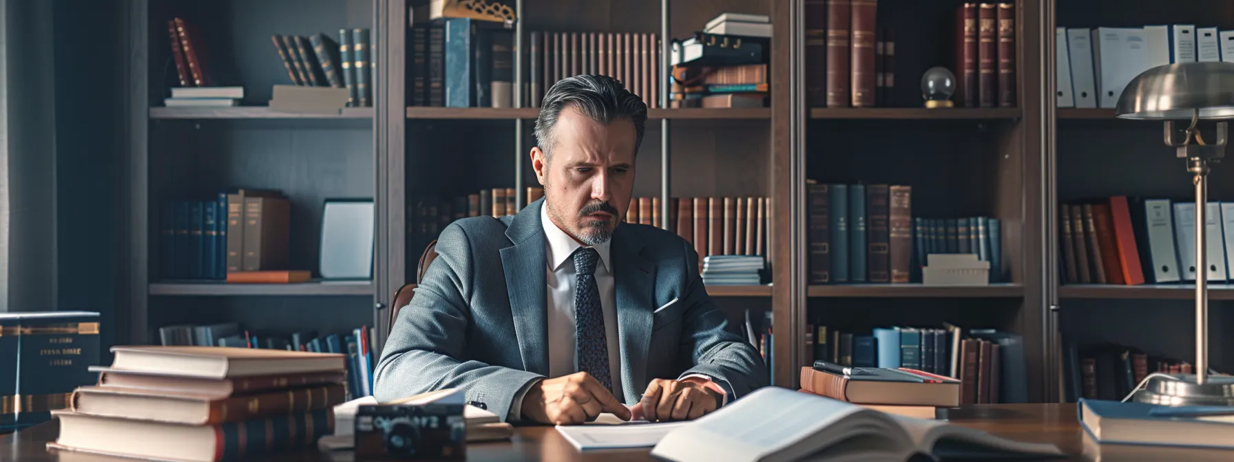 a lawyer in a miami office with books and legal documents scattered on a desk.
