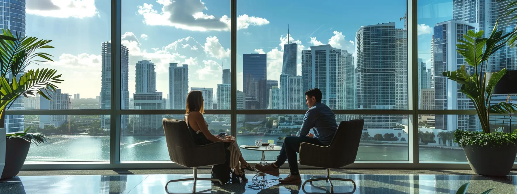 a couple meeting with a mortgage lender in a modern office overlooking the miami skyline.