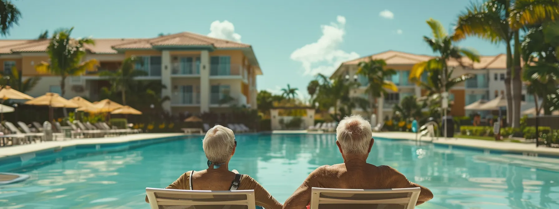 elderly couple relaxing by the pool in a luxury miami retirement community.