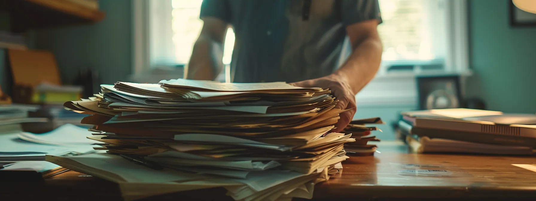 a person organizing a stack of important documents on a desk for a refinance application in miami.