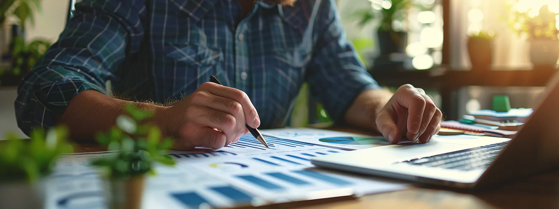 a person sitting at a desk with a mortgage broker, surrounded by charts and graphs, discussing various home loan options in miami.