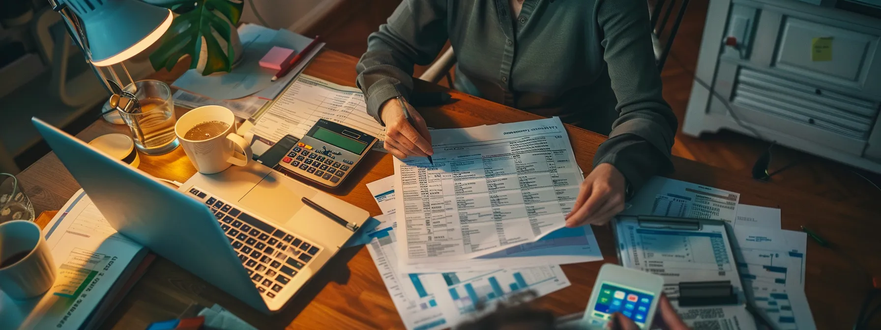 a person reviewing financial documents and credit reports at a desk with a calculator, laptop, and paperwork spread out.