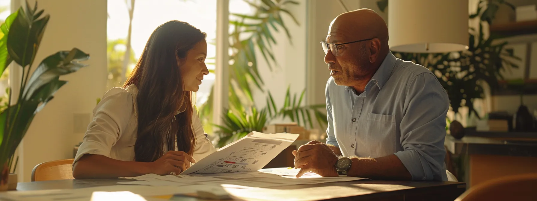 a homeowner confidently discussing their miami property with an appraiser during a home refinance, surrounded by charts and documents.