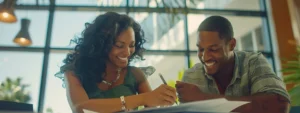 a couple smiling as they sign paperwork at a modern miami bank for a home equity loan.