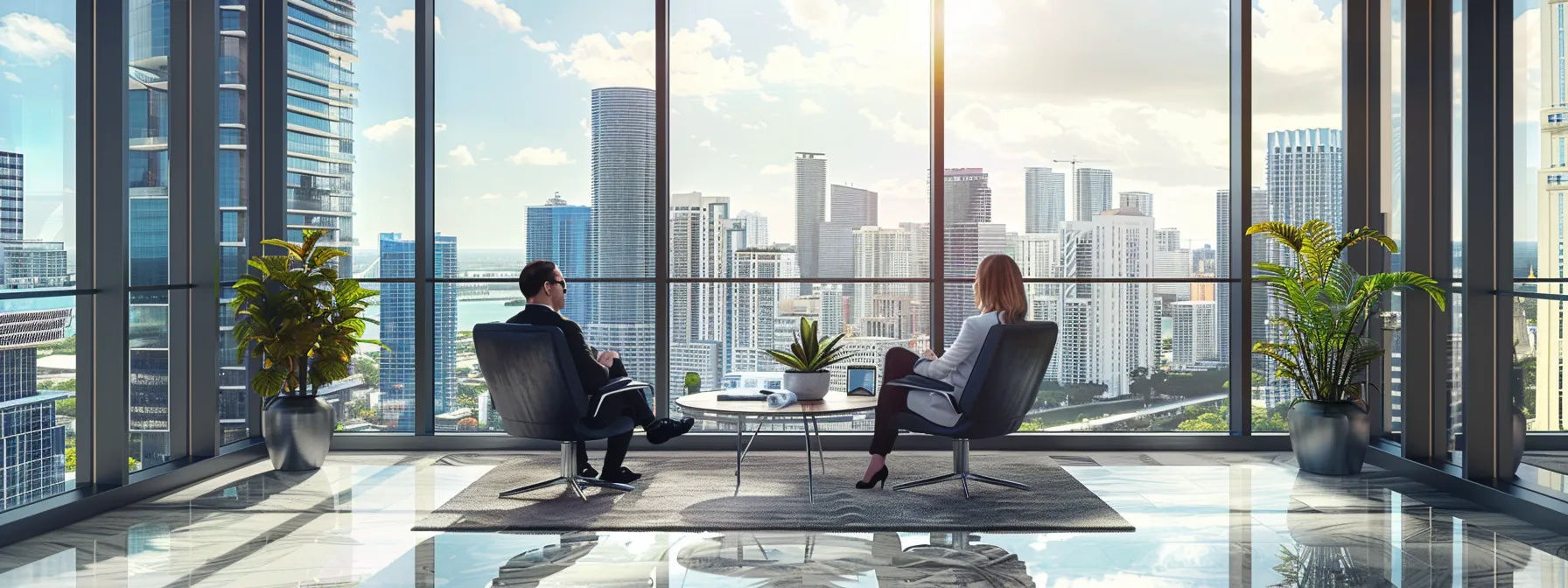 a confident homeowner consults with a knowledgeable miami mortgage professional in a sleek office overlooking the city skyline.