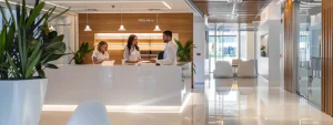 a couple signing paperwork at a sleek, modern miami mortgage brokerage office.