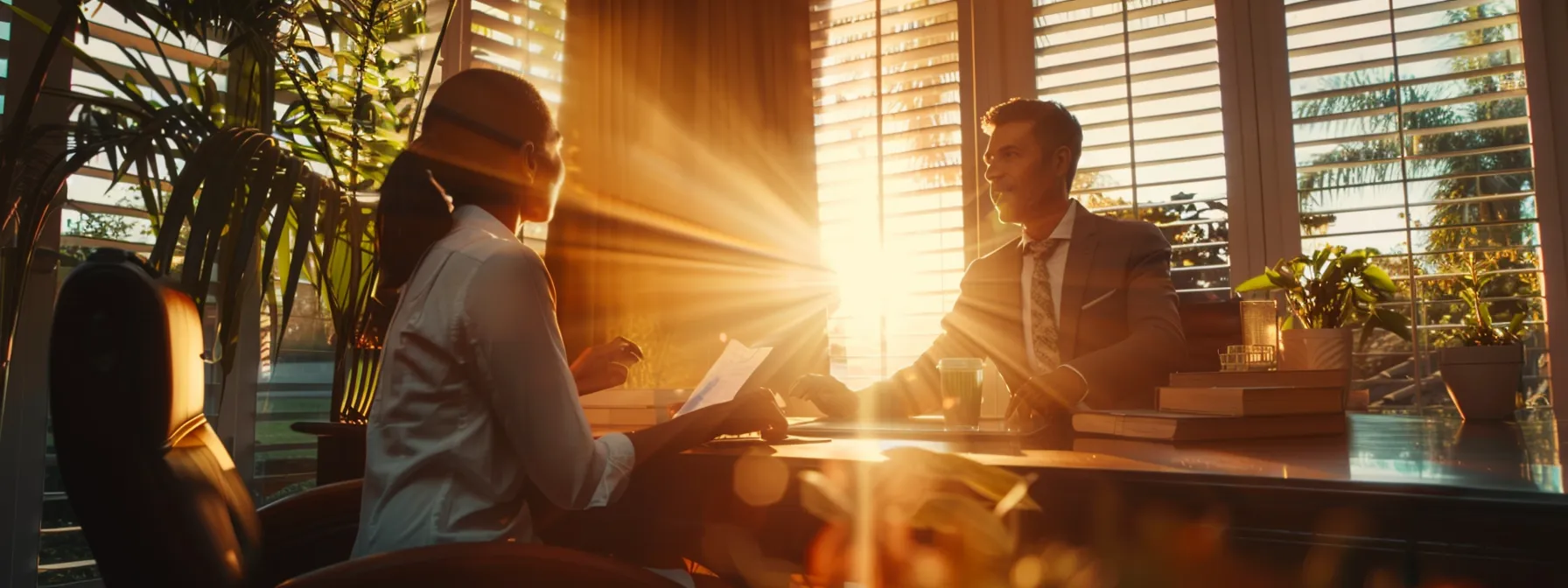 a homeowner in miami sits with a loan officer at a sunny desk, discussing mortgage refinancing options.