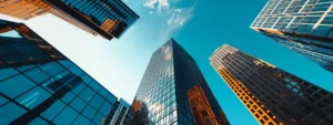 a sleek, modern miami skyline with a clear blue sky, symbolizing the streamlined process of refinancing a mortgage in the city.